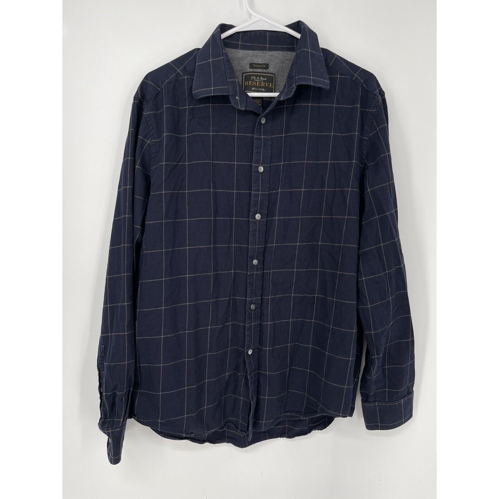 J S A Bank Reserve Mens Long Sleeve Button Down Shirt Navy Check Tailored Fit L